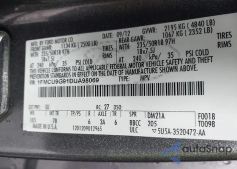 2013 Ford Escape Se z USA, uszkodzony, nr VIN 1FMCU9G91DUA98069